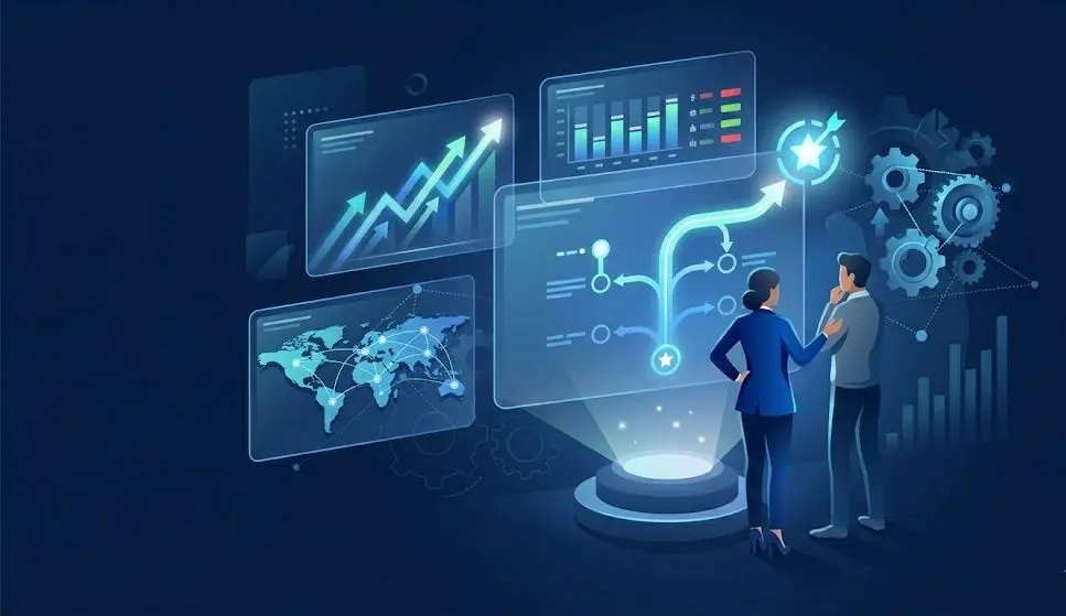 An illustration of digital marketing dashboards and growth charts by a freelance social media strategist in Thrissur.