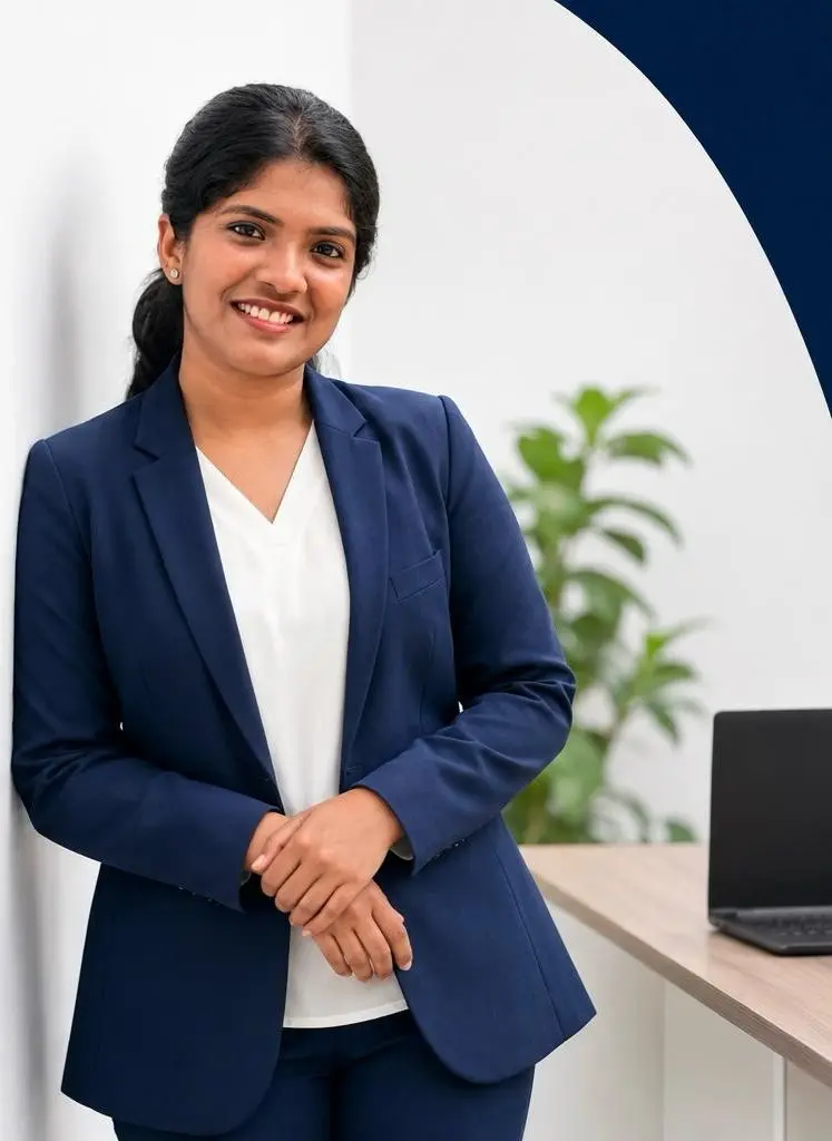 A professional portrait of the best freelance social media strategist in Thrissur standing in a modern office space.